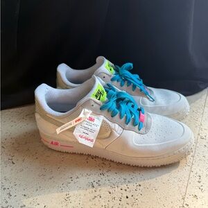 Nike Air Force One men’s 13 Sneakers in White with Blue and Pink Accents